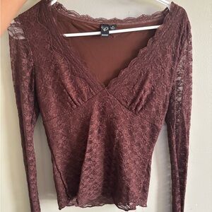 Windsor Women's Lace Long-Sleeve V-Neck Top — Brown